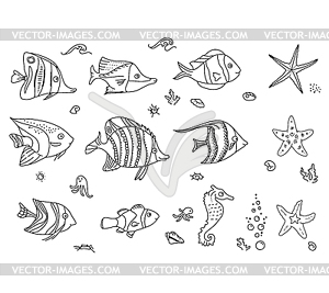 Set with sea fishes. Contour. Black and white - vector image