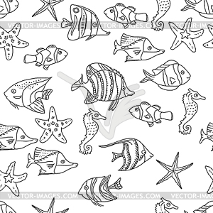 Seamless pattern with sea fishes. Black and white. - vector image