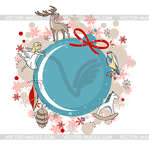 Round blue frame with Christmas decor - vector clipart