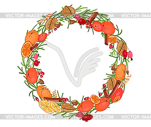 Round festive wreath with fruits and leaves - royalty-free vector clipart
