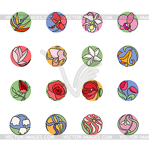 Set with round floral icons. Colored, black contour - vector clipart