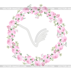 Detailed contour wreath with ranunculus, herbs and - vector image