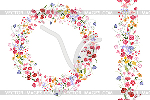 Detailed contour wreath with herbs and bright wild - vector clip art
