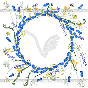 Detailed contour wreath with muscari and primrose - vector image