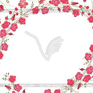 Detailed contour square frame with herbs, roses - vector clip art