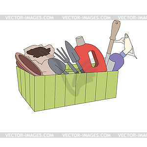 Green container with gardening tools - stock vector clipart