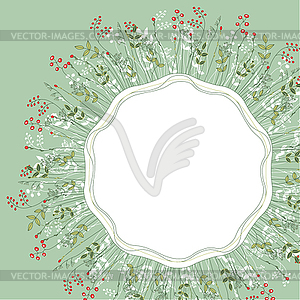 Greeting card with round frame, herbs and berries - vector image