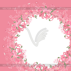 Greeting card with round frame, lilies and herbs - vector clip art