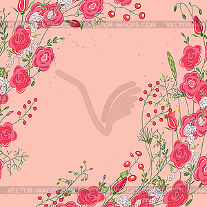 Backdrop with roses and herbs. Red and pink color - vector clipart