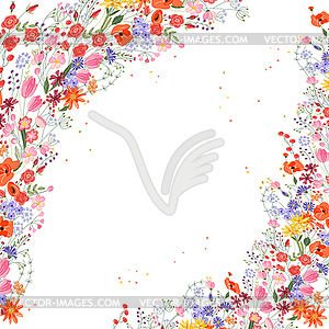 Vintage square frame with contour field flowers - stock vector clipart