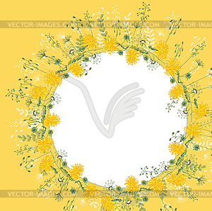 Greeting card with round frame, herbs and dandelions - vector clip art