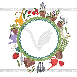 Round frame with gardening tools and plants. - vector clip art