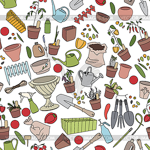 Seamless pattern with gardening tools, flower pots - vector clipart