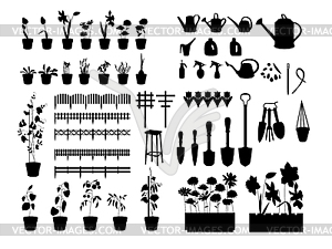 Black silhouettes of gardening tools, plants, - vector clip art