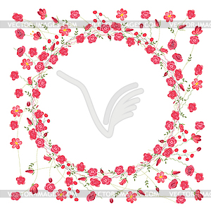 Detailed contour wreath with herbs, roses and wild - vector clip art