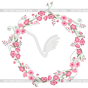 Detailed contour wreath with herbs, roses and wild - vector clipart / vector image