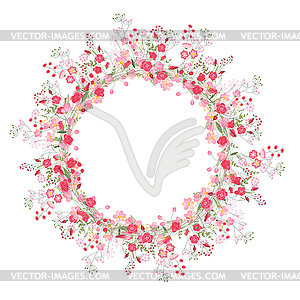 Detailed contour wreath with herbs, roses and wild - vector image