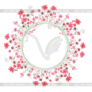 Detailed contour wreath with herbs and red flowers  - vector clipart