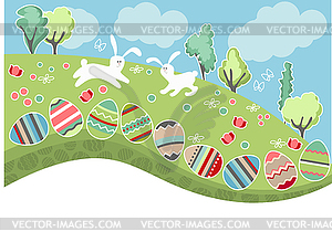 Meadow with easter eggs and rabbits - vector clipart