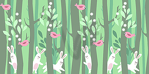 Seamless horizontal pattern with trees and rabbits - royalty-free vector clipart