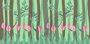 Seamless horizontal pattern with tulips and trees - vector image