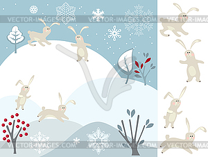 Greeting card with winter landscape and rabbits - vector image