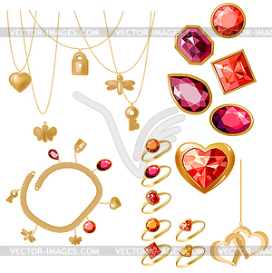Set with rings, gems and bracelet - vector clipart
