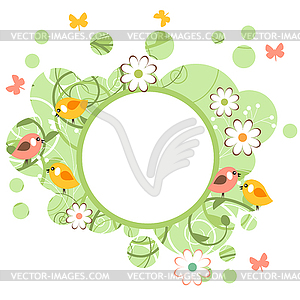 Round frame with birds and flowers - vector image