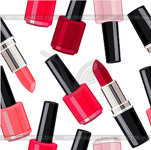 Seamless pattern - lipsticks and nail varnishes - vector image