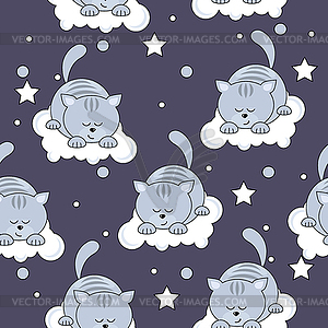 Seamless pattern with cats sleeping on clouds - vector image