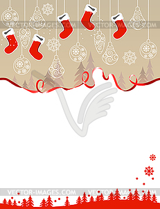 Christmas greeting card with hanging santa socks - vector image