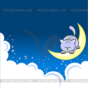 Small cat sleeping on crescent - vector image