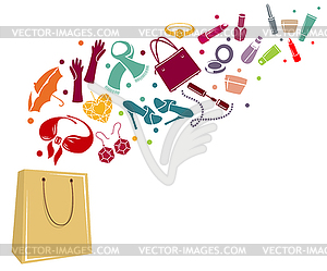 Different woman`s things in bag - vector clip art