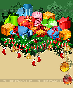 Christmas greeting card with gift boxes - vector clipart