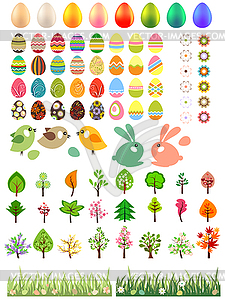 Big collection of different easter eggs and trees - vector image