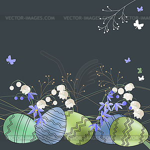 Greeting card with eggs and spring flowers - vector EPS clipart