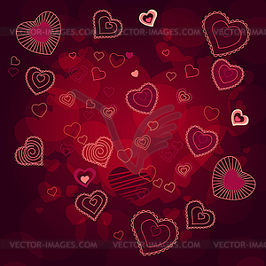 Contour hearts on dark red background - vector clipart