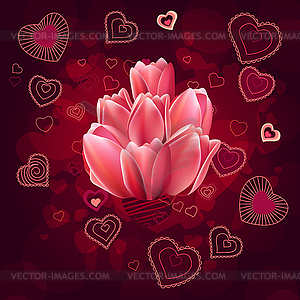 Contour hearts on dark red background - vector clipart