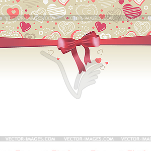 Greeting card with red bow and hearts - vector image