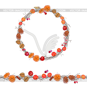 Round season wreath with berries,apples and twigs - vector EPS clipart