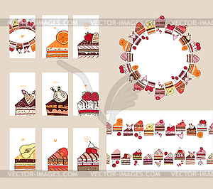 Templates with different fruit cake slices. - vector image