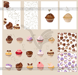 Detailed set with different muffins - vector image