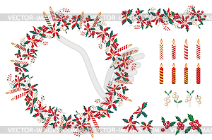 Set of different candles and Christmas decoration - vector clip art