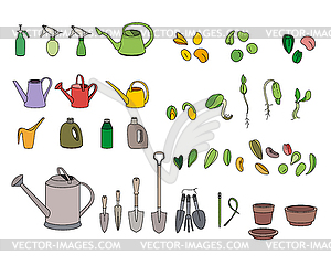 Set with seeds, garden tools and equipment - vector EPS clipart