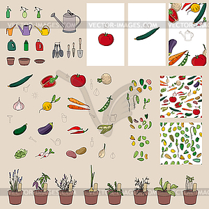 Set with vegetables, garden tools and equipment - vector clip art