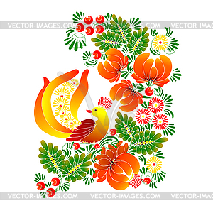 Bird with flowers, Ukrainian traditional painting - vector image