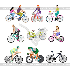 People on bicycles, white background - vector clipart