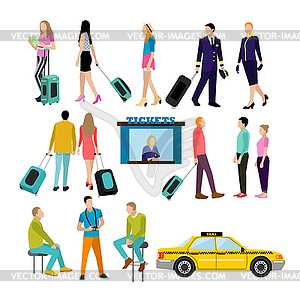 People in airport, flat icons set - vector clipart