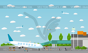 Люди в аэропорту, плоский набор - изображение в векторном формате