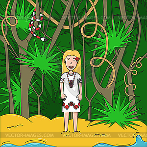 Tropical palm beach and girl - color vector clipart